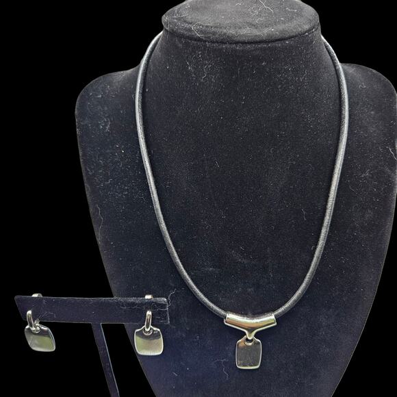 Lia Sophia Silver Pendant Necklace & Earrings Set Leather Cord Modern Minimalist - Picture 1 of 7